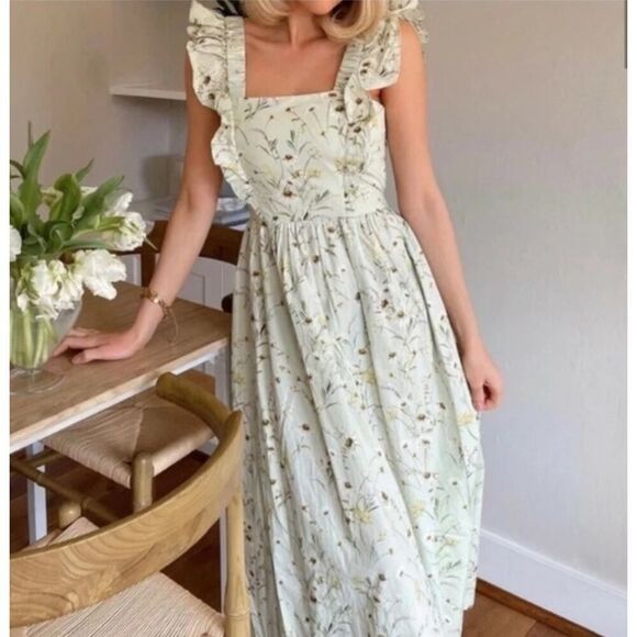 H&M Wildflower Meadow open back Poplin Light Green Floral midi Dress sz XS - Picture 6 of 16